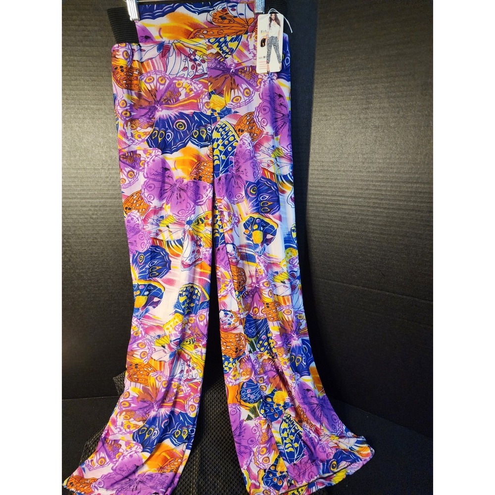 Women Floral Boho Flare Pants High Waist Colorful Purple Yellow Butterflies M/L